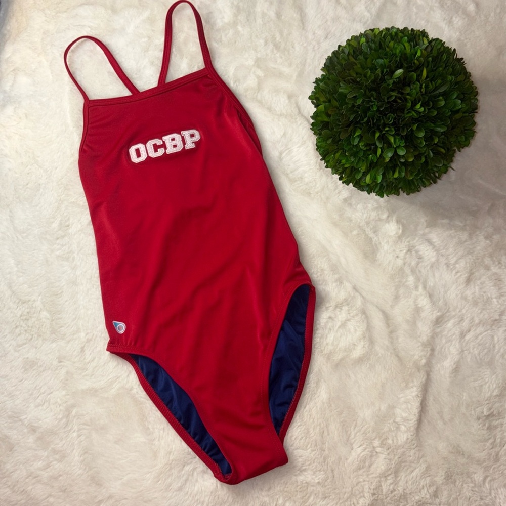 Lifeguard One Piece Red Lined, Elastic X Back Racing Baywatch Swimsuit